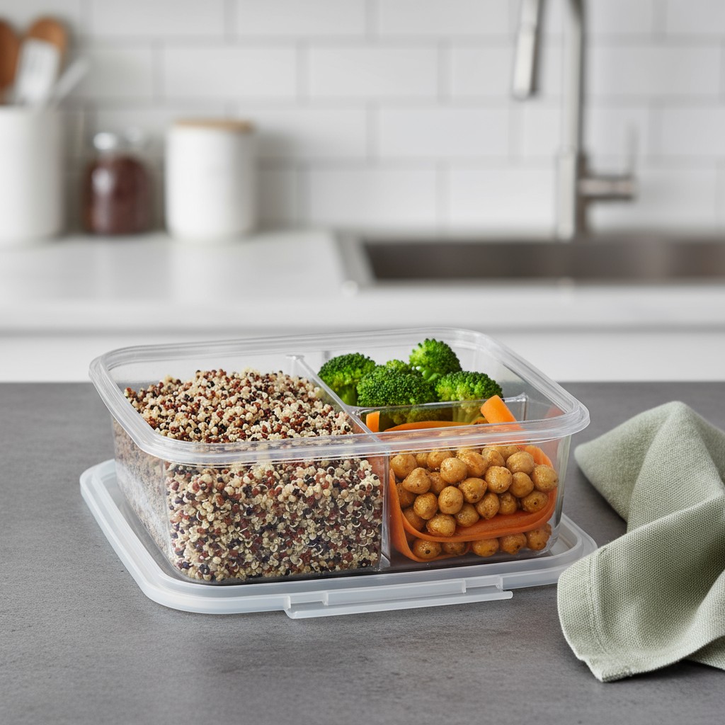 Al vacío, con una bandeja separada para quinoa, verduras y babosas de garbanzos en un servilletero de plástico claro con c...