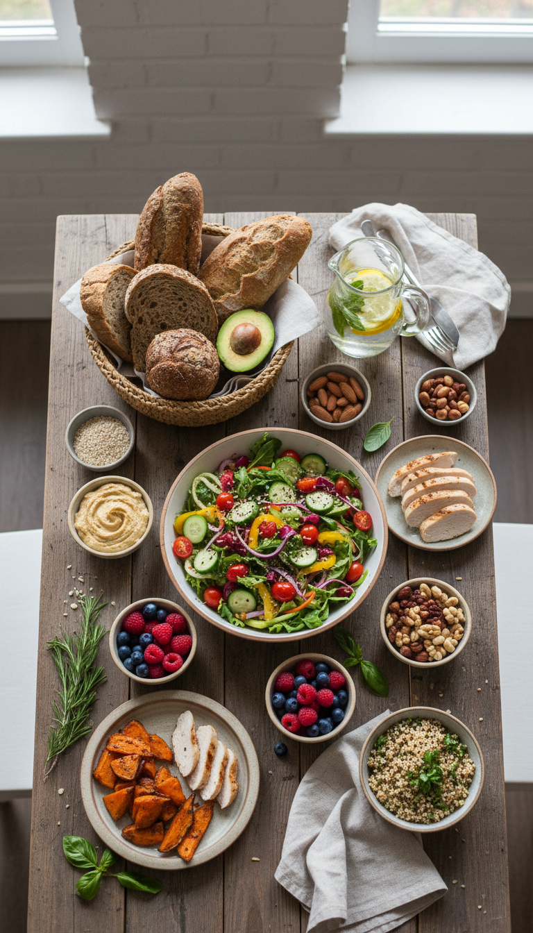 una fotografía de una mesa vista desde arriba con diferentes alimentos saludables, sin bebidas alcohólicas y con un estilo natural, sencilla y bien iluminada