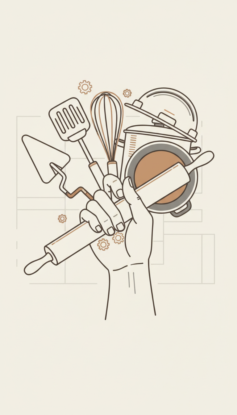 dibujo metafórico de una mano usando herramientas y sartenes, estilo limpio y sencillo, sin mucha parafernalia