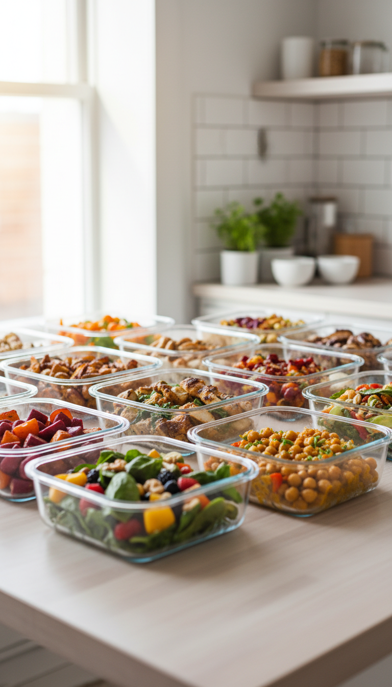 una imagen estética y moderna de batch cooking: múltiples recipientes de comida saludable ordenados sobre una mesa, luz natural, presentación profesional y colores vivos, estilo visual limpio e inspirador