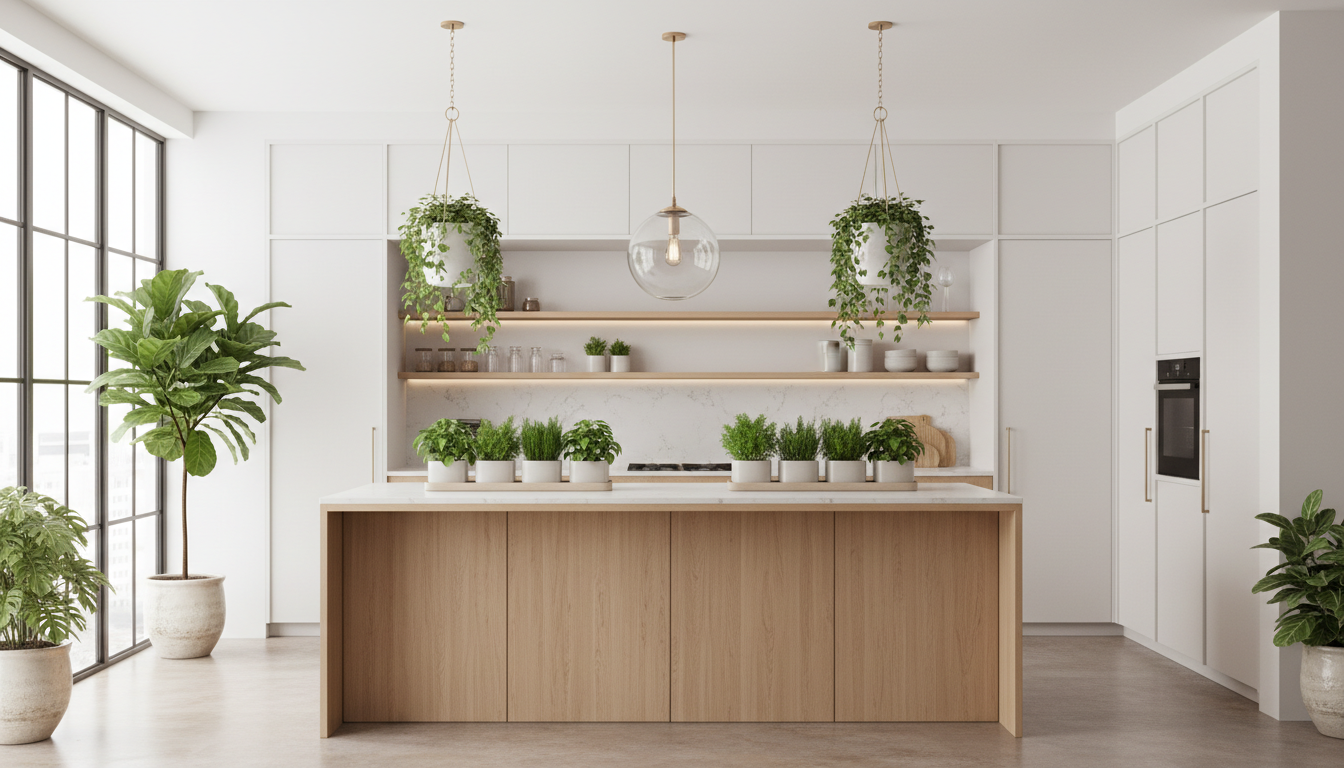 cocina moderna minimalista luminosa con muchas plantas verdes decorativas